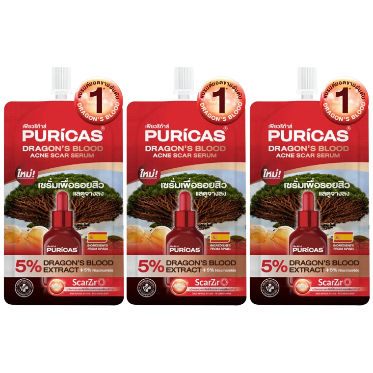 Puricas - Dragon's Blood Acne Scar Serum + 5% Niacinamide 7ml. (Pack of 3)