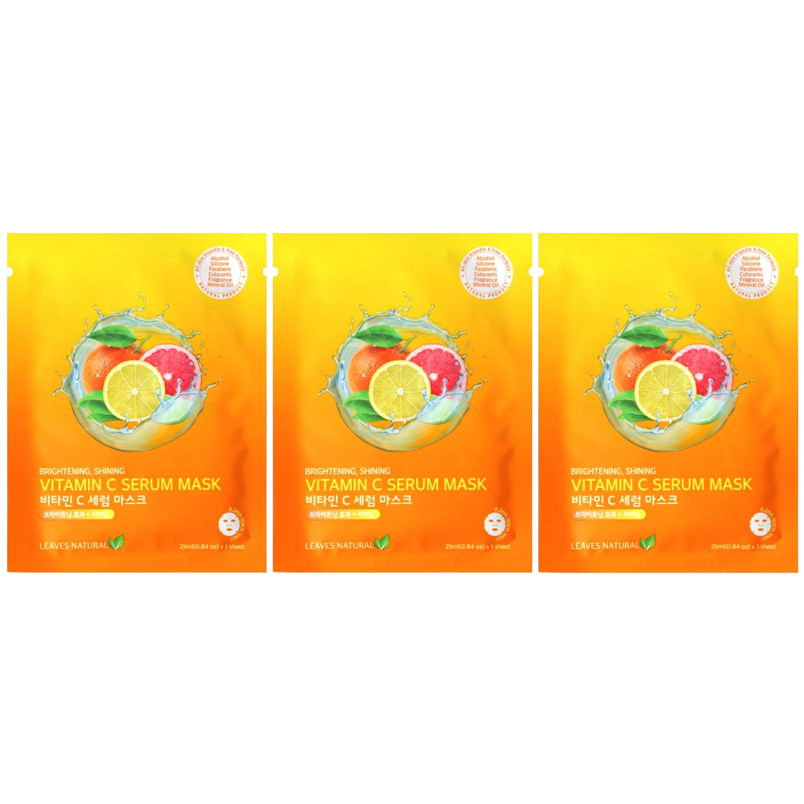 Leaves Natural - Vitamin C Serum Mask with Brightening and Shining Face Mask 25ml. (Pack of 3)