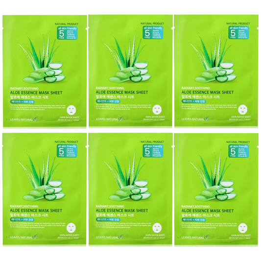 Leaves Natural - Aloe Essence Mask Sheet with Soothing and Radiant Face Mask 25ml. (Pack of 6)
