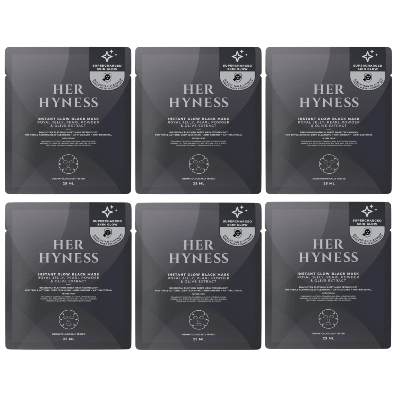 Her Hyness - Instant Glow Black Mask with Royal Jelly, Pearl Powder & Olive Extract 25ml. (Pack of 6)