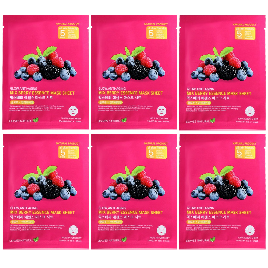 Leaves Natural - Mix Berry Essence Mask Sheet with Anti-Aging and Glow Face Mask 25ml. (Pack of 6)