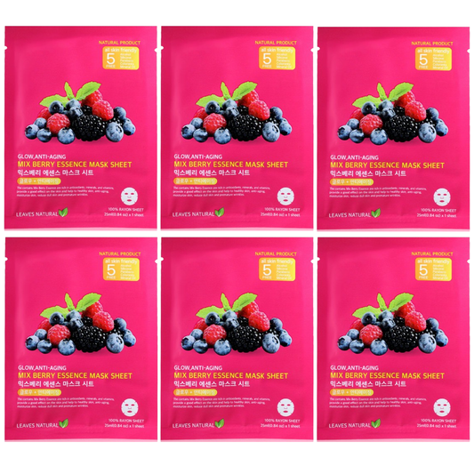 Leaves Natural - Mix Berry Essence Mask Sheet with Anti-Aging and Glow Face Mask 25ml. (Pack of 6)