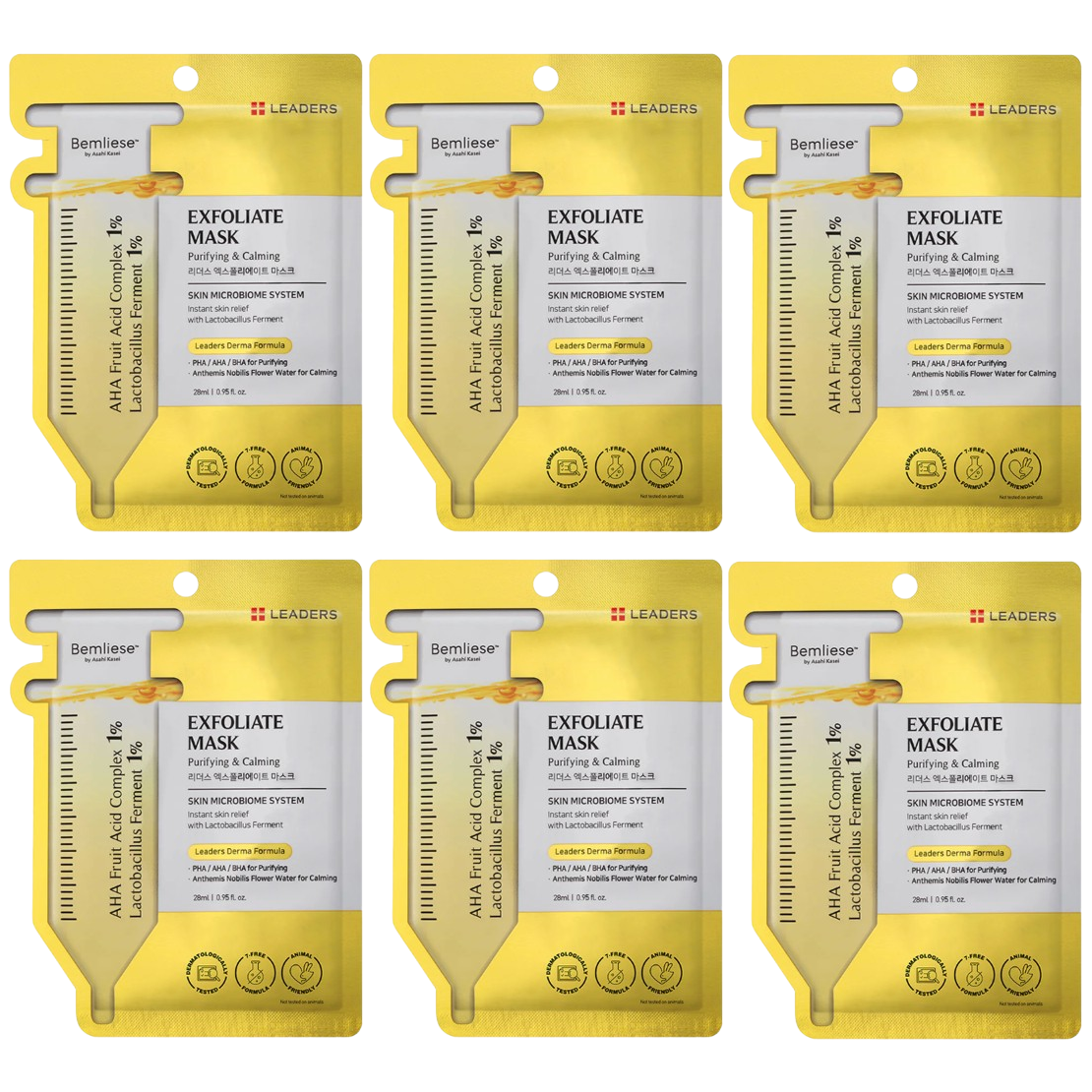 Leaders - Exfoliate Face Mask with Lactobacillus Ferment, PHA, AHA, BHA and Anthemis Nobilis Flower Water 28ml. (Pack of 6)