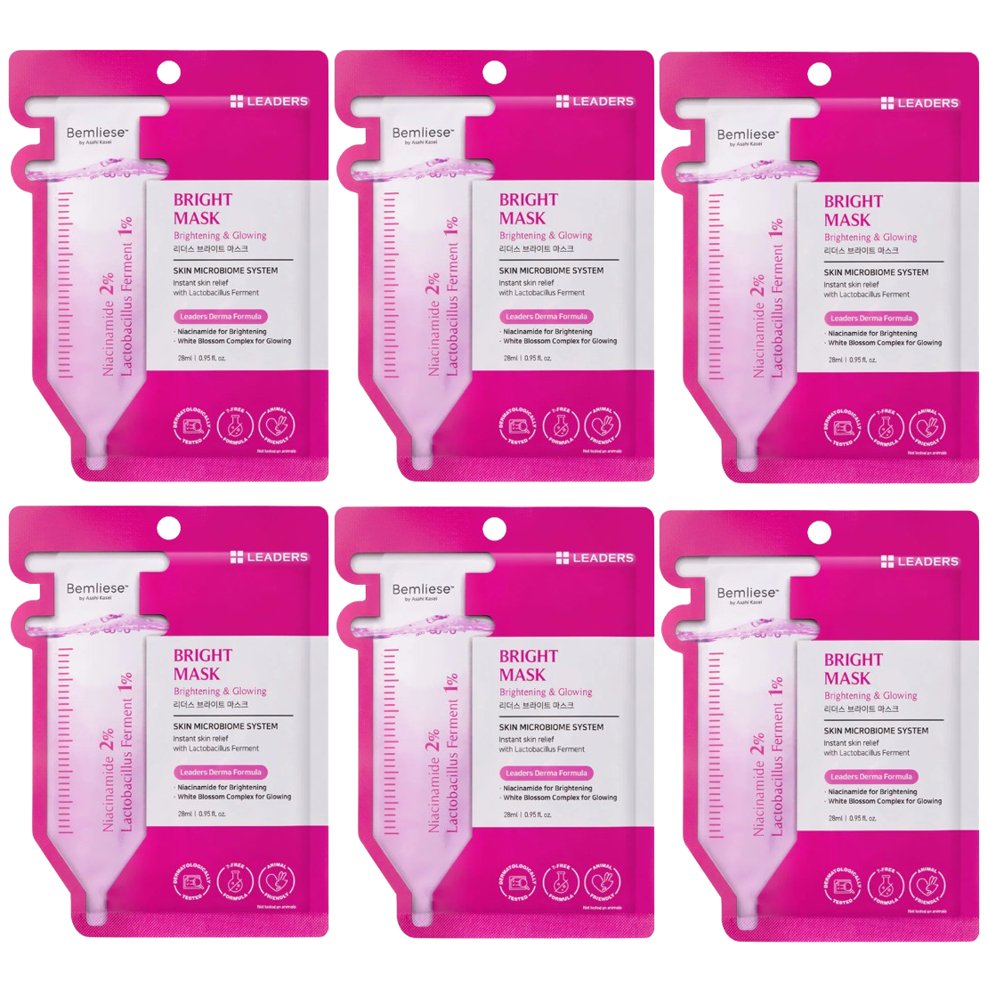 Leaders - Bright Face Mask with Niacinamide and White Blossom Complex 28ml. (Pack of 6)