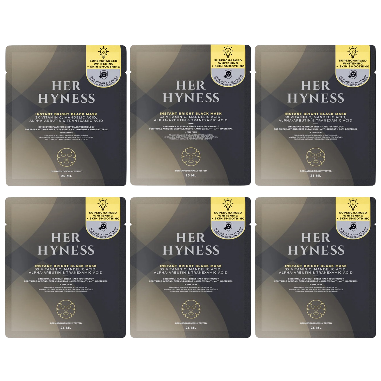 Her Hyness - Instant Bright Black Mask with 3X Vitamin C, Mandelic Acid, Alpha-Arbutin & Tranexamin Acid 25ml. (Pack of 6)