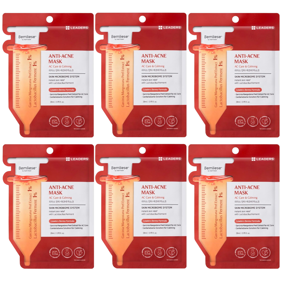 Leaders - Anti-Acne Face Mask with Garcinia Mangostana Peel Extract and SentellaSome Solution 28ml. (Pack of 6)