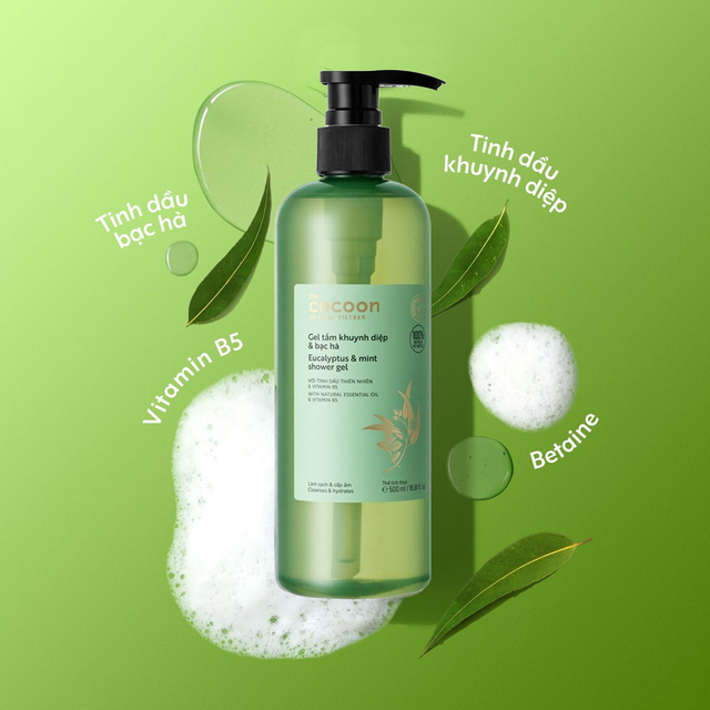 Cocoon Vietnam - Eucalyptus & Mint Shower Gel (Gel Tắm Khuynh Diệp & Bạc Hà) with Natural Essential Oil & Vitamin B5 500ml.