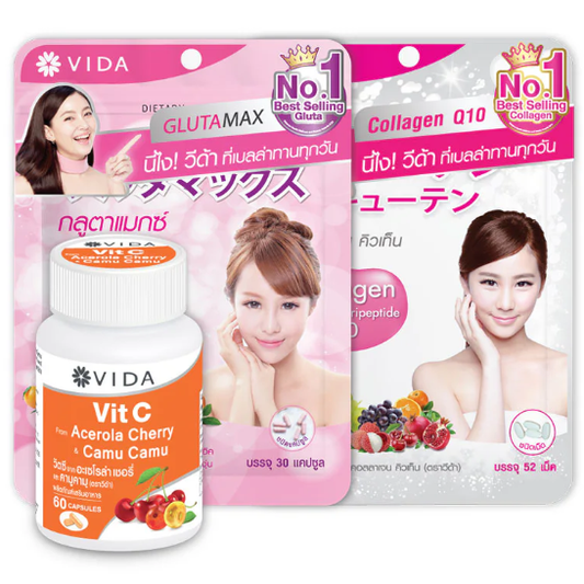 Vida - GlutaMax Dietary Supplement Gluta Berry+ 250mg. (30 Capsules) + Collagen Q10 Tripeptide (52 Tablets) + Vit C from Acerola Cherry & Camu Camu (60 Capsules)