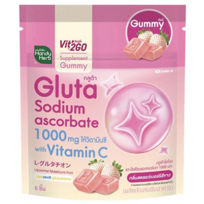 Handy Herb - Vit'2Go Gummy, 1000mg. of Glutathione and Sodium Ascorbate, with Vitamin C, White Strawberry Flavor (Box of 6 Sacehts, 6 pcs. per sachet)
