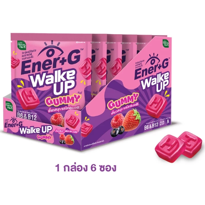 Handy Herb - Ener+G Walk Up Gummy, Acai Berry, Green Tea Extract, Vitamins A, B6, and B12, Mixed Berry Flavor (Box of 6 sachets x 10 gummies)