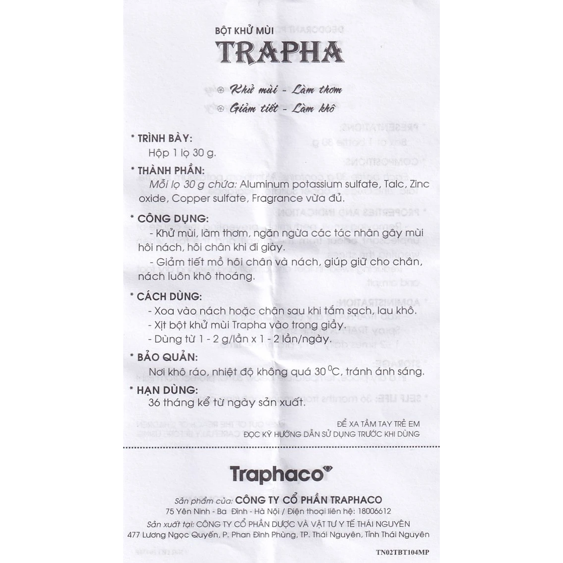 Traphaco - Trapha - Deodorant Powder Bột Khử Mùi 30g. (Pack of 3)