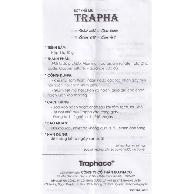 Traphaco - Trapha - Deodorant Powder Bột Khử Mùi 30g. (Pack of 3)