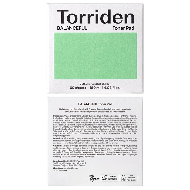 Torriden - Balanceful Cica Toner Pad with Centella Asiatica Extract 180ml. (60 Pads)