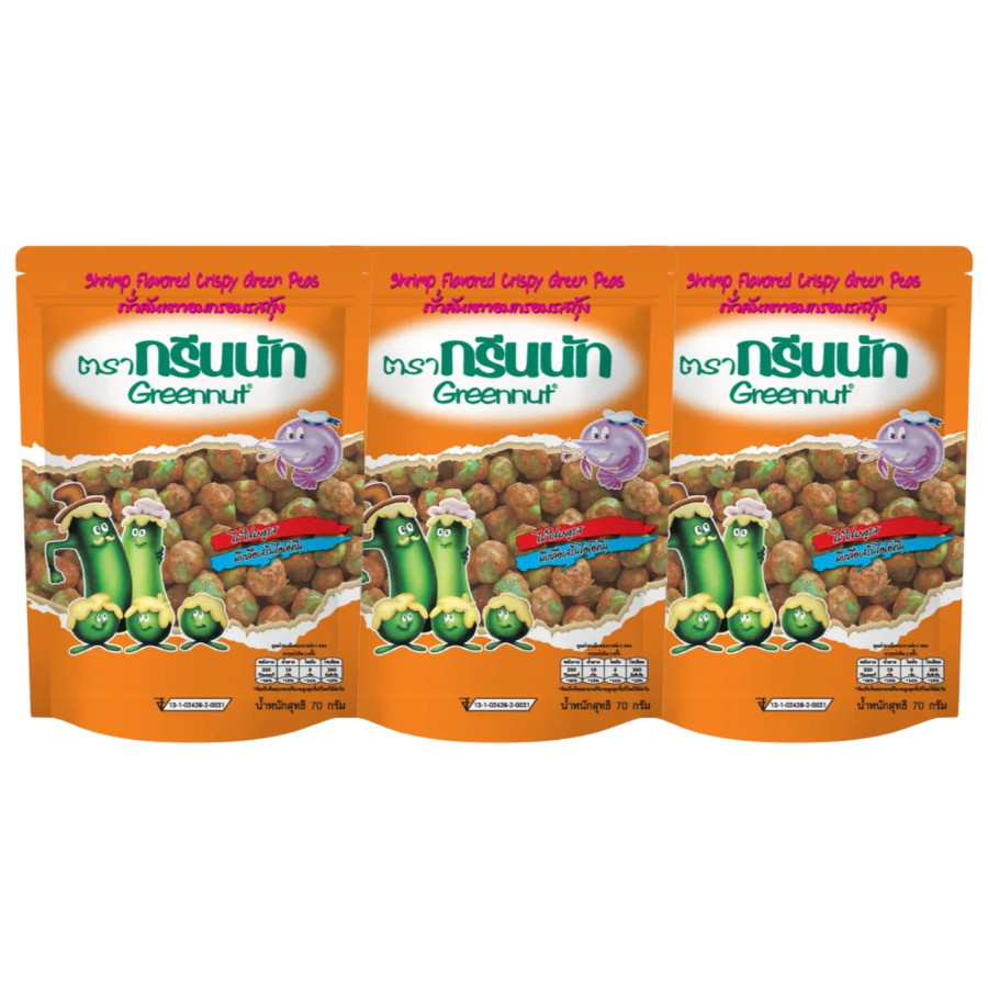Green Nut - Baked Crispy Peas with Shrimp Flavor 70g. (Pack of 3)