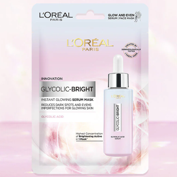 L'Oréal - Glycolic Bright Instant Glowing Serum Mask with Glycolic Acid 22g. (Pack of 3)