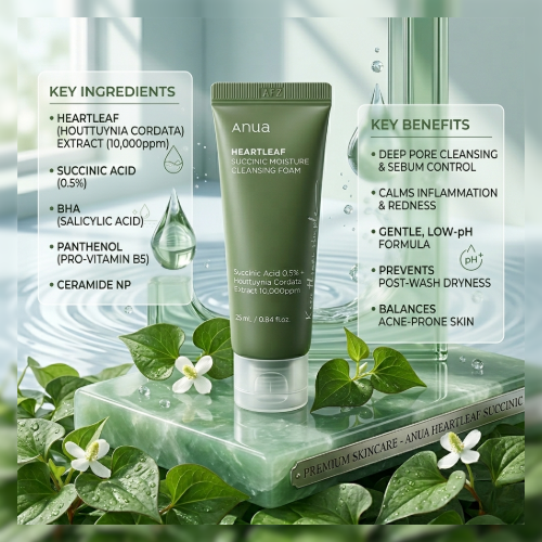 Anua - Heartleaf Succinic Moisture Cleansing Foam 25ml.