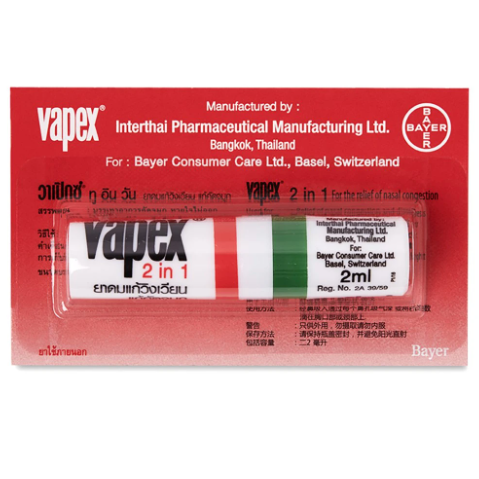 Vapex - Nasal Inhaler - Menthol Relief Congestion Dizziness Cold 2 ml (Pack of 6) - Made in Thailand