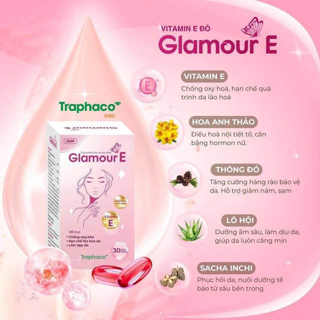 Traphaco - Glamour E - Vitamin E Supplement for Skin Beauty & Hormonal Balance Hỗ Trợ Nội Tiết Đẹp Da (30 Capsules)