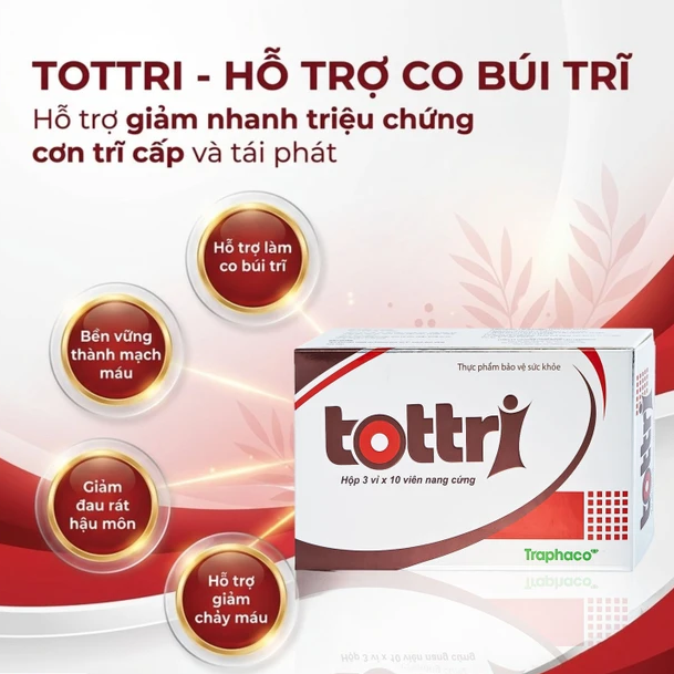 Traphaco - Tottri - Hemorrhoid Relief Supplement for Internal and External Hemorrhoids Viên Uống Trĩ Giảm Đau Rát & Táo Bón (30 Capsules)