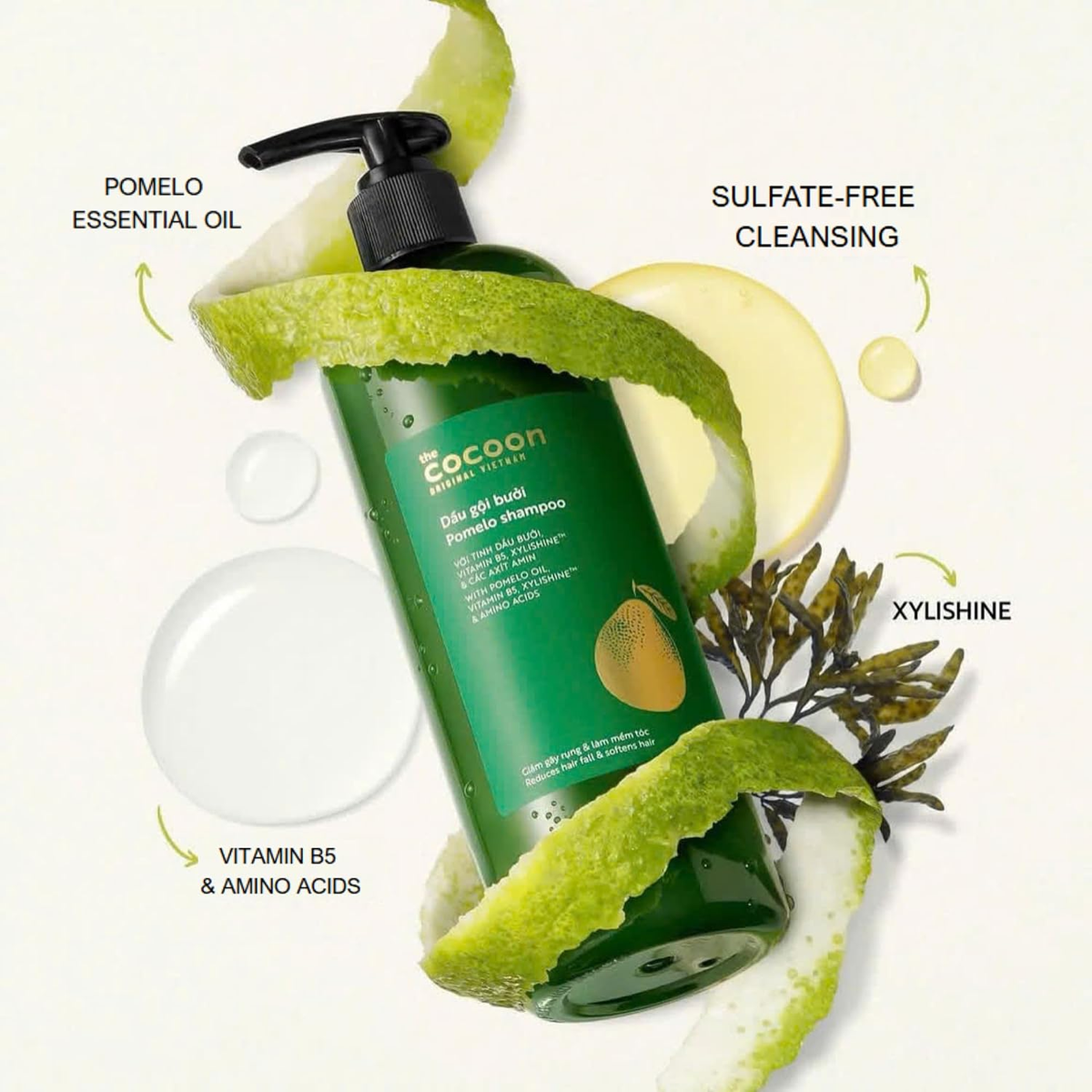 Cocoon Vietnam - Pomelo Shampoo (Dầu Gội Bưởi) with Pomelo Oil, Vitamin B5, Xylishine™ & Amino Acids, Sulfate-Free 500ml.