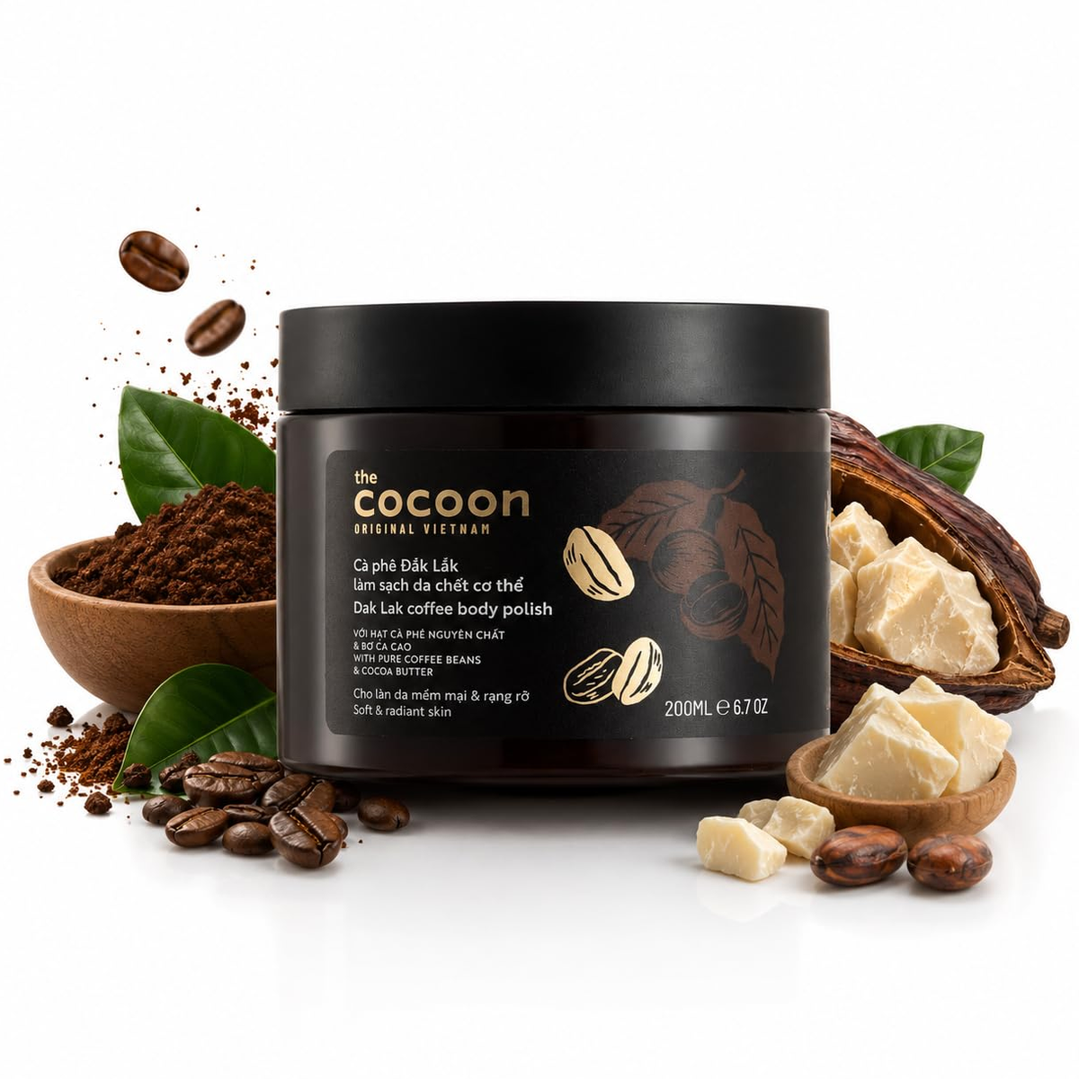 Cocoon Vietnam - Dak Lak Coffee Body Polish (Cà Phê Đắk Lắk Làm Sạch Da Chết Cơ Thể) with Pure Coffee Beans & Cocoa Butter 200ml.