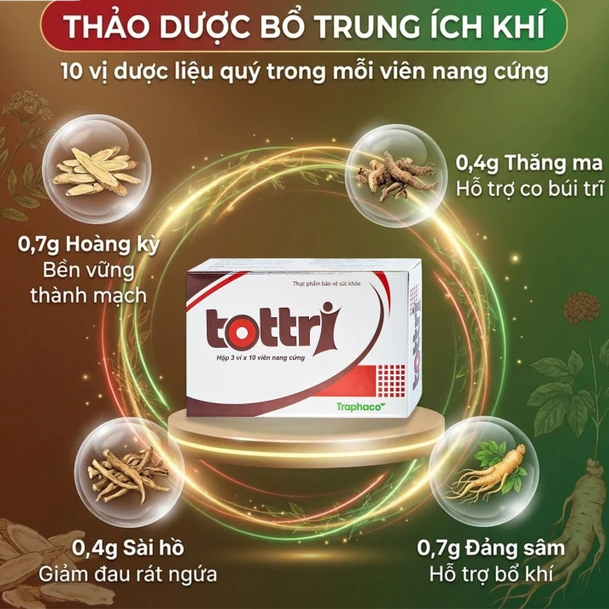 Traphaco - Tottri - Hemorrhoid Relief Supplement for Internal and External Hemorrhoids Viên Uống Trĩ Giảm Đau Rát & Táo Bón (30 Capsules)