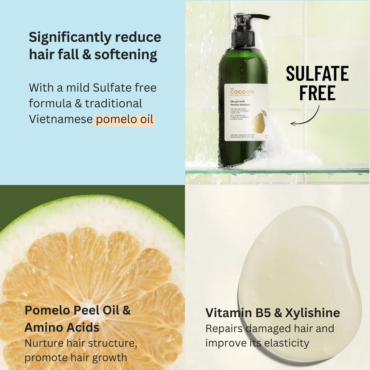 Cocoon Vietnam - Pomelo Shampoo (Dầu Gội Bưởi) with Pomelo Oil, Vitamin B5, Xylishine™ & Amino Acids, Sulfate-Free Refill 500ml.