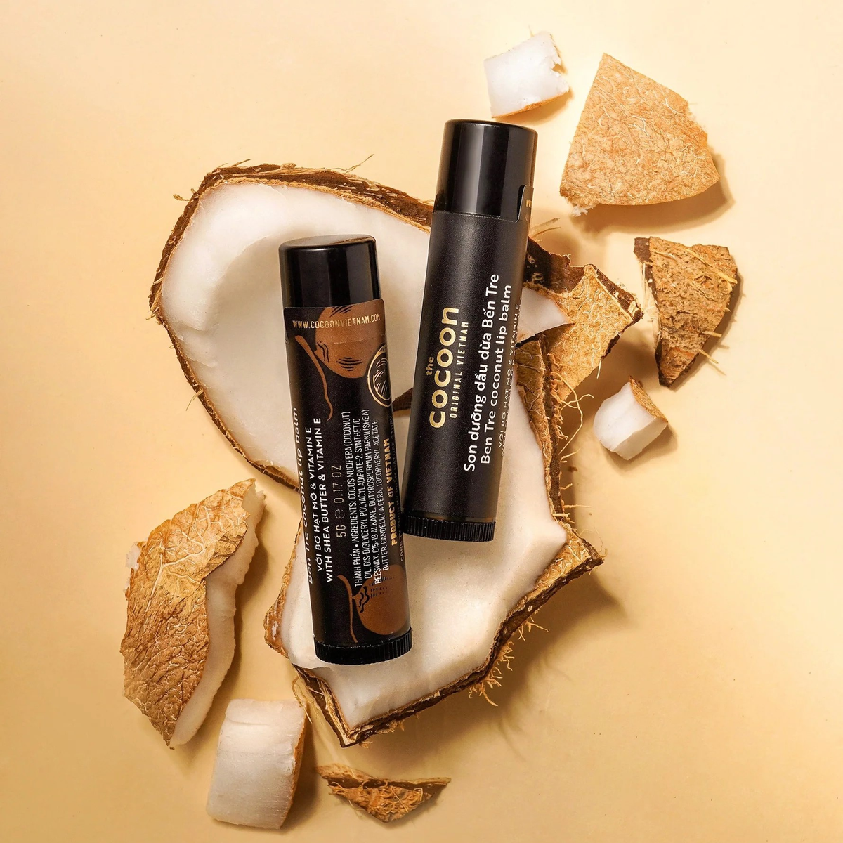 Cocoon Vietnam - Ben Tre Coconut Lip Balm (Son Dưỡng Dầu Dừa Bến Tre) with Shea Butter & Vitamin E 5g. (Pack of 3)