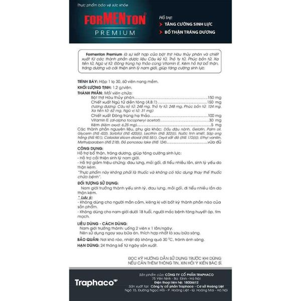 Traphaco - ForMENton Premium - Men's Vitality and Kidney Support Supplement Hỗ Trợ Sinh Lý Nam (30 Capsules)