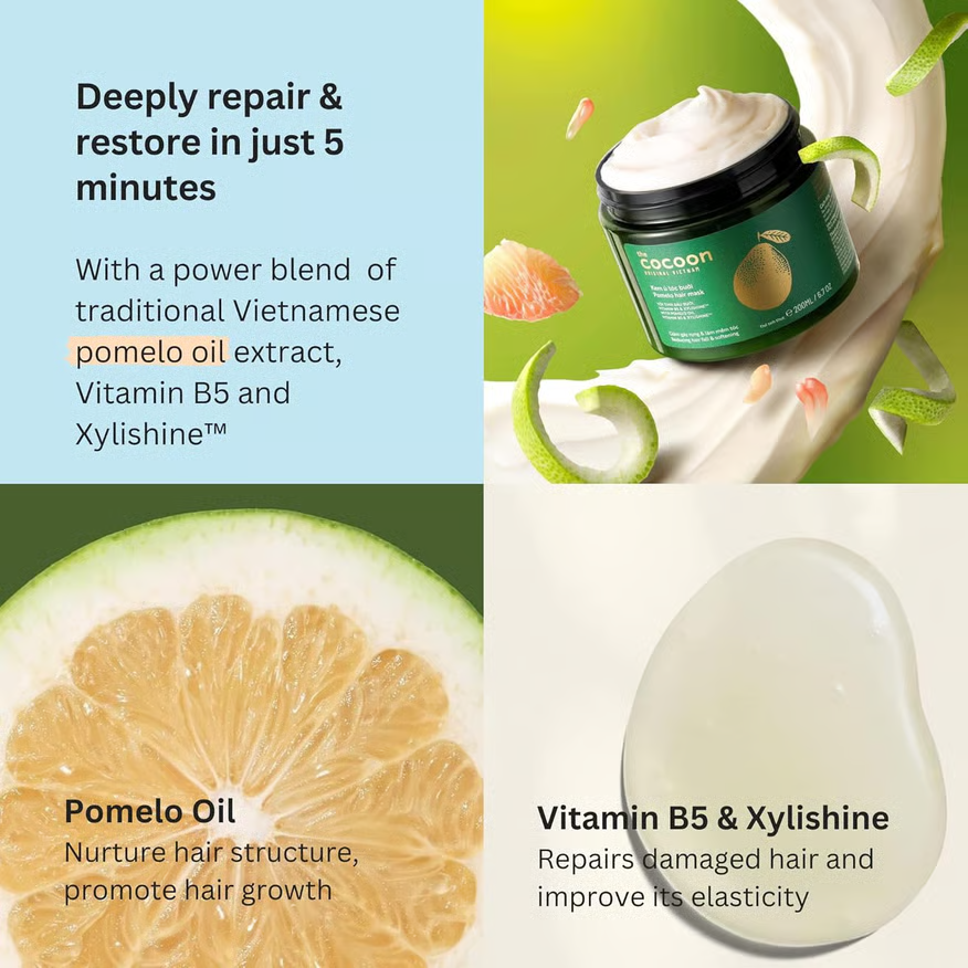 Cocoon Vietnam - Pomelo Hair Mask (Kem Ủ Tóc Bưởi) with Pomelo Oil, Vitamin B5 & Xylishine™ 200ml.