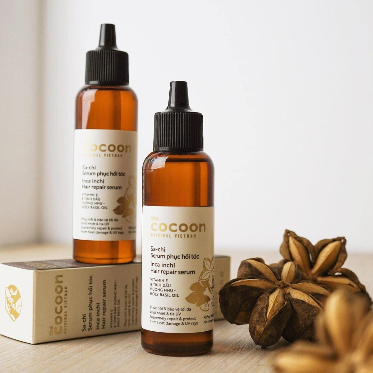 Cocoon Vietnam - Sacha Inchi Hair Repair Serum (Sa-chi Serum Phục Hồi Tóc) with Sacha Inchi Oil, Vitamin E, Phospholipids & Holy Basil Oil 70ml.