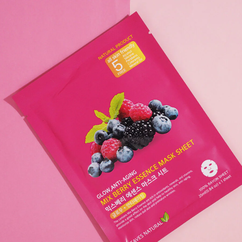Leaves Natural - Mix Berry Essence Mask Sheet with Anti-Aging and Glow Face Mask 25ml. (Pack of 3)