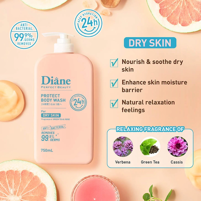 Moist Diane - Protect Body Wash for Dry Skin, Anti-Bacterial, Green Tea & Rose 750ml.