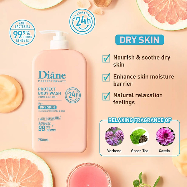 Moist Diane - Protect Body Wash for Dry Skin, Anti-Bacterial, Green Tea & Rose 750ml.