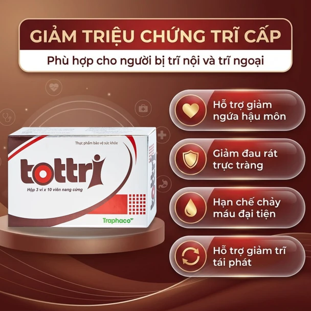 Traphaco - Tottri - Hemorrhoid Relief Supplement for Internal and External Hemorrhoids Viên Uống Trĩ Giảm Đau Rát & Táo Bón (30 Capsules)