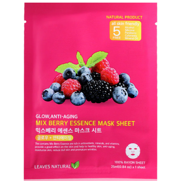 Leaves Natural - Mix Berry Essence Mask Sheet with Anti-Aging and Glow Face Mask 25ml. (Pack of 3)
