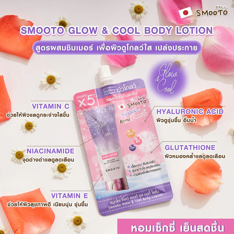 Smooto - Glow & Cool Brightening Body Lotion with Vit C, B3 and HYA 40g. (Pack of 6)