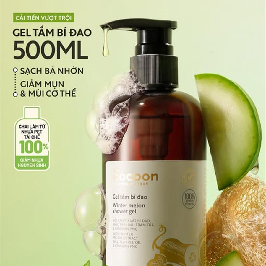 Cocoon Vietnam - Winter Melon Shower Gel (Gel Tắm Bí Đao) with Winter Melon Extract, BHA, Tea Tree Oil & Crinipan PMC 500ml.