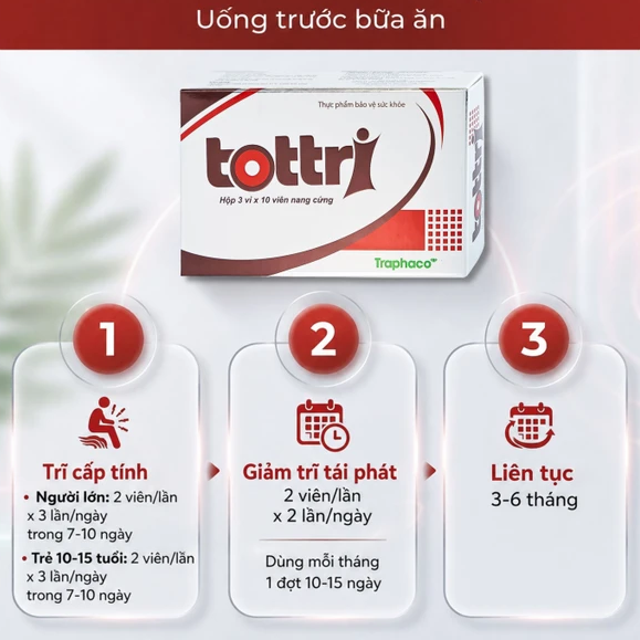 Traphaco - Tottri - Hemorrhoid Relief Supplement for Internal and External Hemorrhoids Viên Uống Trĩ Giảm Đau Rát & Táo Bón (30 Capsules)