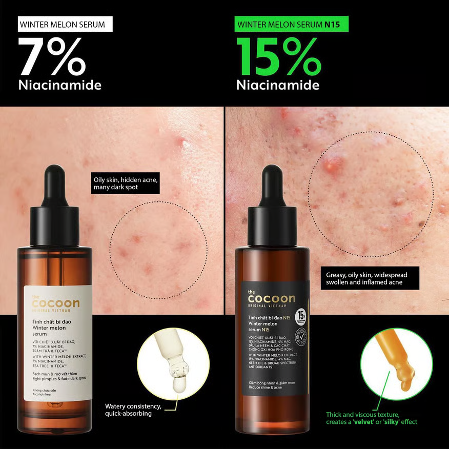 Cocoon Vietnam - Winter Melon Serum N15 (Tinh Chất Bí Đao N15) with Winter Melon Extract, 15% Niacinamide, 4% NAG, Neem Oil & Broad Spectrum Antioxidants 70ml.