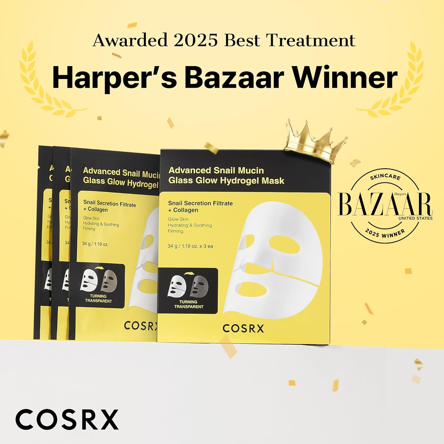 COSRX - Advanced Snail Mucin Glass Glow Hydrogel Mask with Snail Secretion Filtrate + Collagen, 1 Sheet (Pack of 3)