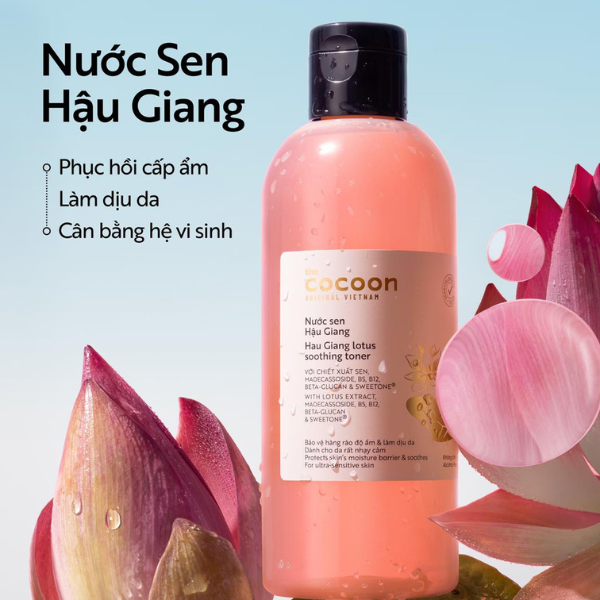 Cocoon Vietnam - Hau Giang Lotus Soothing Toner (Nước Sen Hậu Giang) with Lotus Extract, Madecassoside, B5, B12, Beta-Glucan & Sweetone®, Alcohol-Free 310ml.