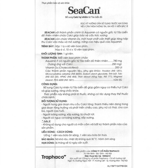 Traphaco - SeaCan - Aquamin Natural Red Algae Calcium & Vitamin D3 Joint Support Supplement Bổ Sung Canxi Tảo Biển Đỏ (60 Tablets)