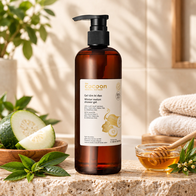 Cocoon Vietnam - Winter Melon Shower Gel (Gel Tắm Bí Đao) with Winter Melon Extract, BHA, Tea Tree Oil & Crinipan PMC 500ml.