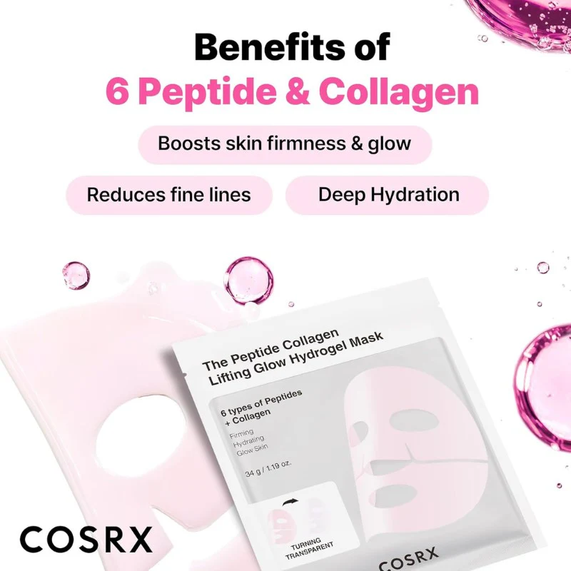 COSRX - The Peptide Collagen Lifting Glow Hydrogel Mask with 6 Types of Peptides + Collagen, 1 Sheet (Pack of 3)