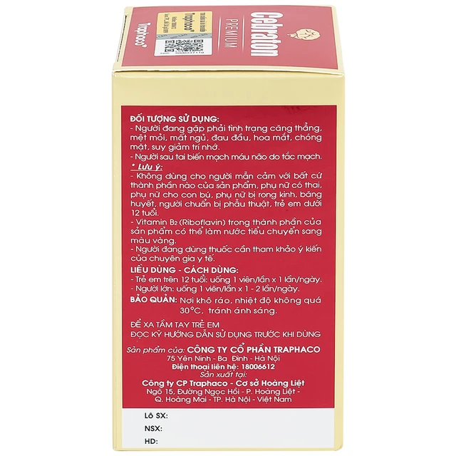 Traphaco - Cebraton Premium - Vitamin Supplement for Brain Health, Viên Uống Bổ Sung Vitamin Cho Não, Improves Brain Blood Circulation (30 tablets)