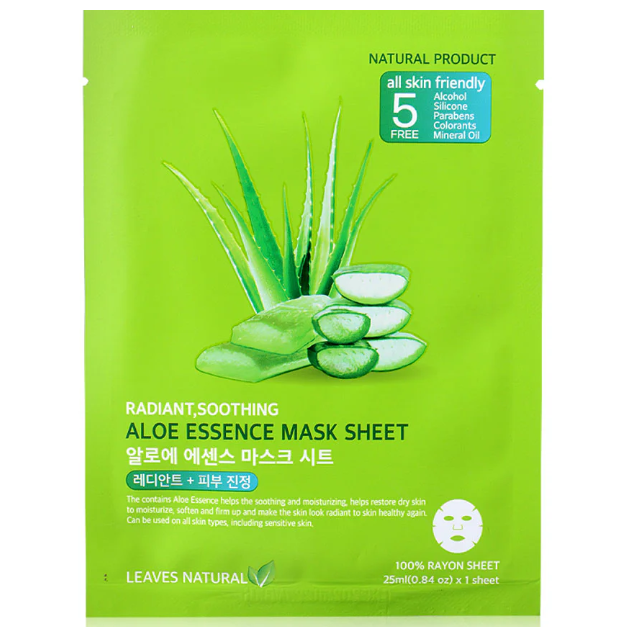 Leaves Natural - Aloe Essence Mask Sheet with Soothing and Radiant Face Mask 25ml. (Pack of 6)