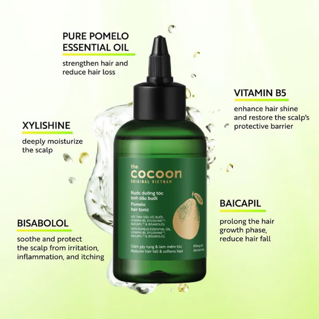 Cocoon Vietnam - Pomelo Hair Tonic (Nước Dưỡng Tóc Tinh Dầu Bưởi) with Pomelo Essential Oil, Vitamin B5, Xylishine™, Baicapil™ & Bisabolol, Alcohol-Free 140ml.