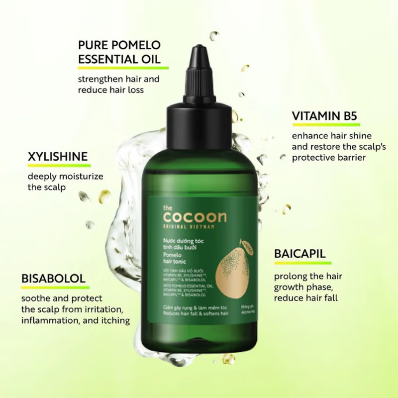 Cocoon Vietnam - Pomelo Hair Tonic (Nước Dưỡng Tóc Tinh Dầu Bưởi) with Pomelo Essential Oil, Vitamin B5, Xylishine™, Baicapil™ & Bisabolol, Alcohol-Free 140ml.