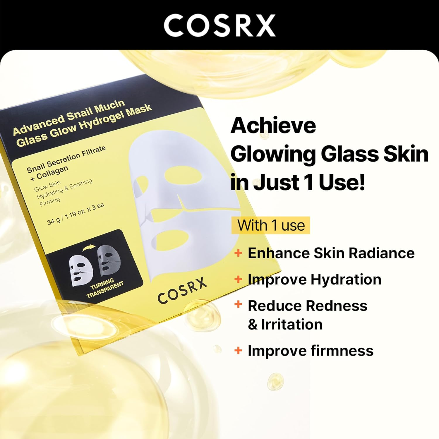 COSRX - Advanced Snail Mucin Glass Glow Hydrogel Mask with Snail Secretion Filtrate + Collagen, 1 Sheet (Pack of 3)